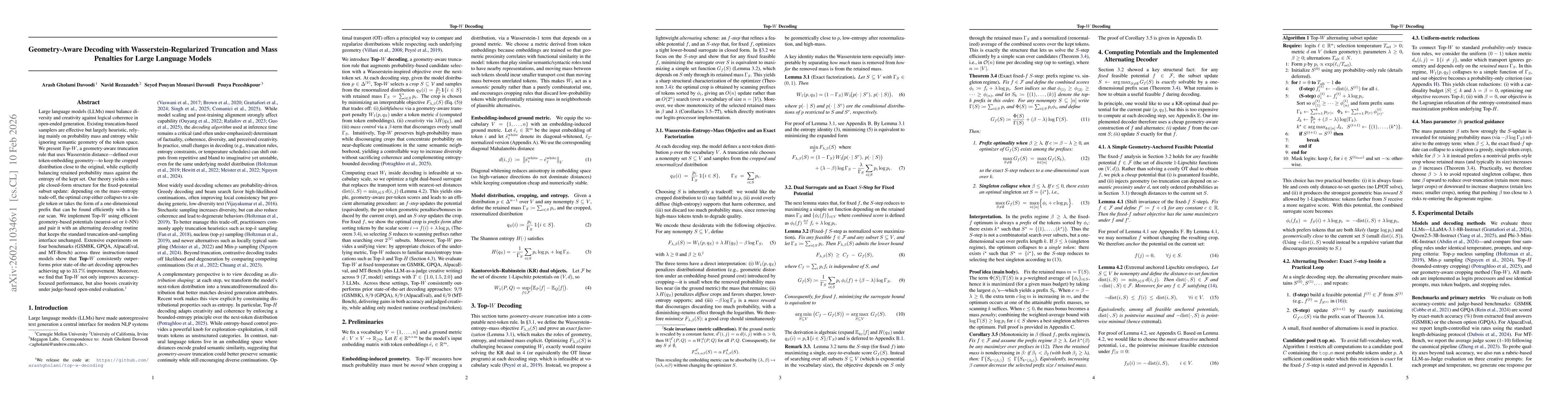Thumbnail for Geometry-Aware Decoding with Wasserstein-Regularized Truncation and Mass Penalties for Large Language Models