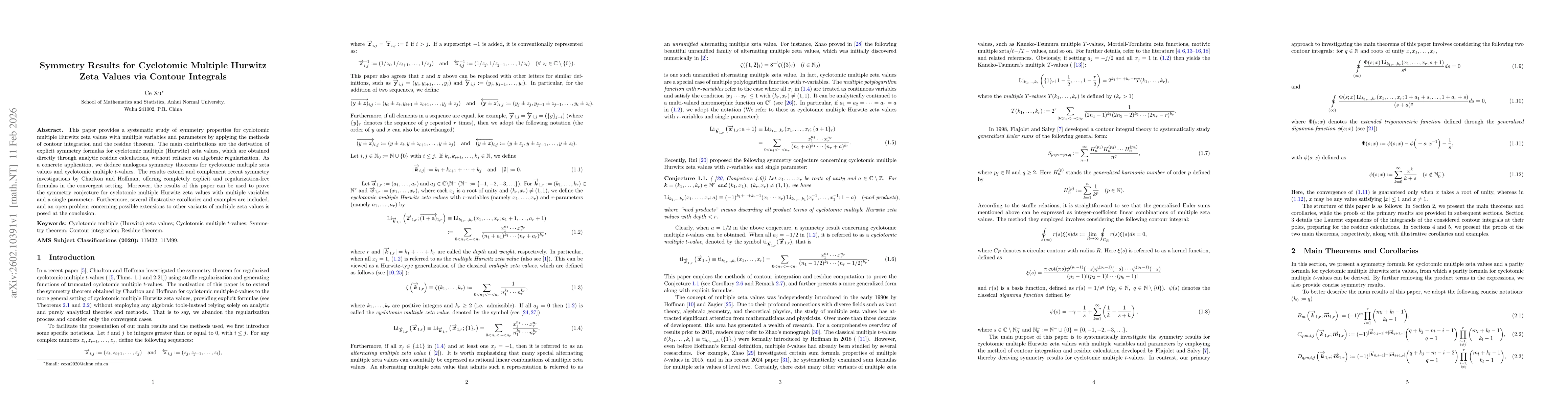 Thumbnail for Symmetry Results for Cyclotomic Multiple Hurwitz Zeta Values via Contour Integrals