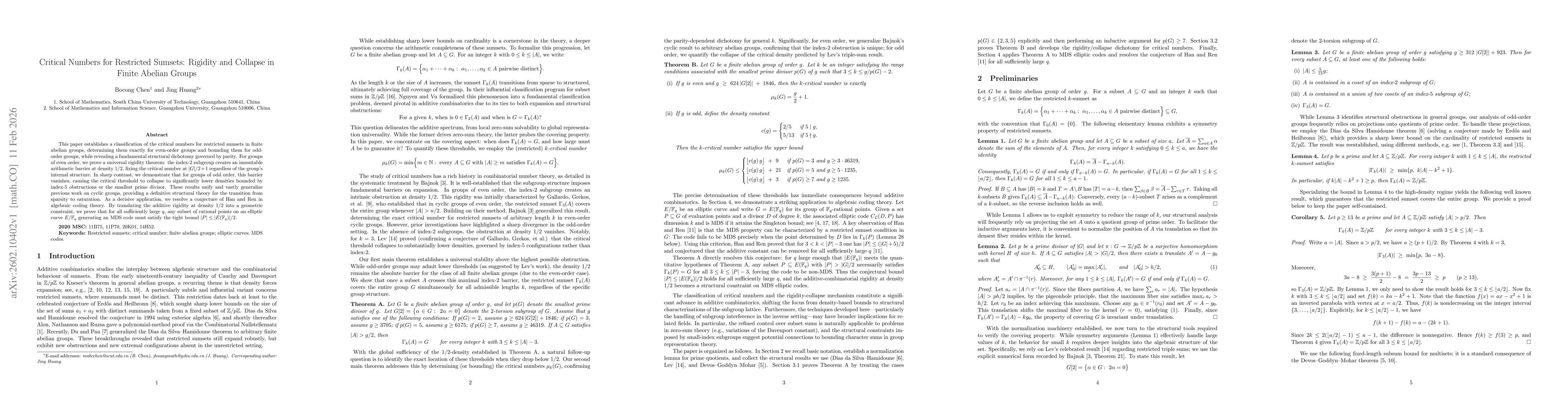 Thumbnail for Critical Numbers for Restricted Sumsets: Rigidity and Collapse in Finite Abelian Groups
