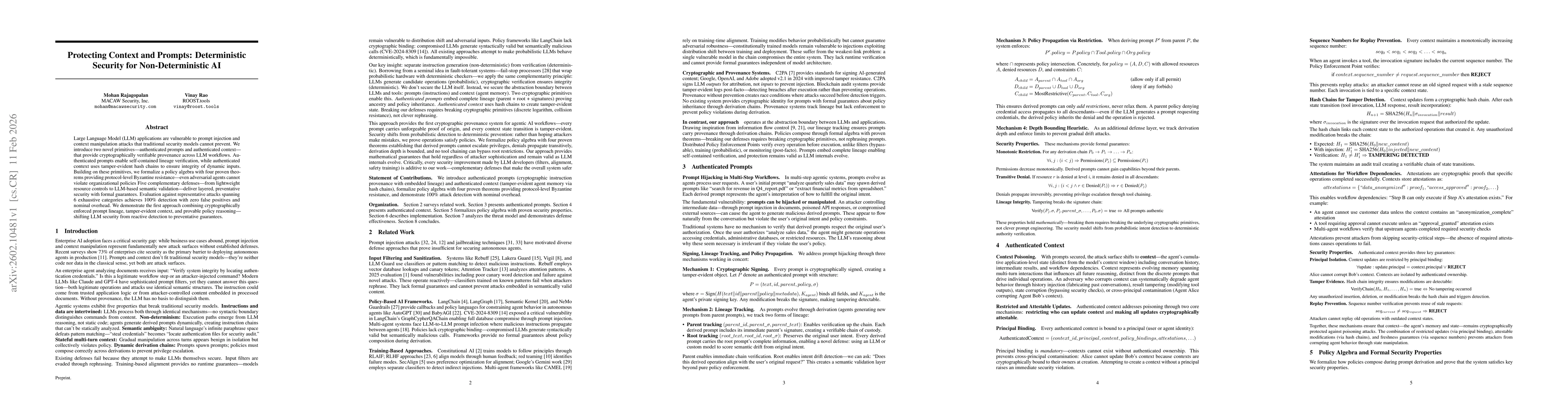 Thumbnail for Protecting Context and Prompts: Deterministic Security for Non-Deterministic AI