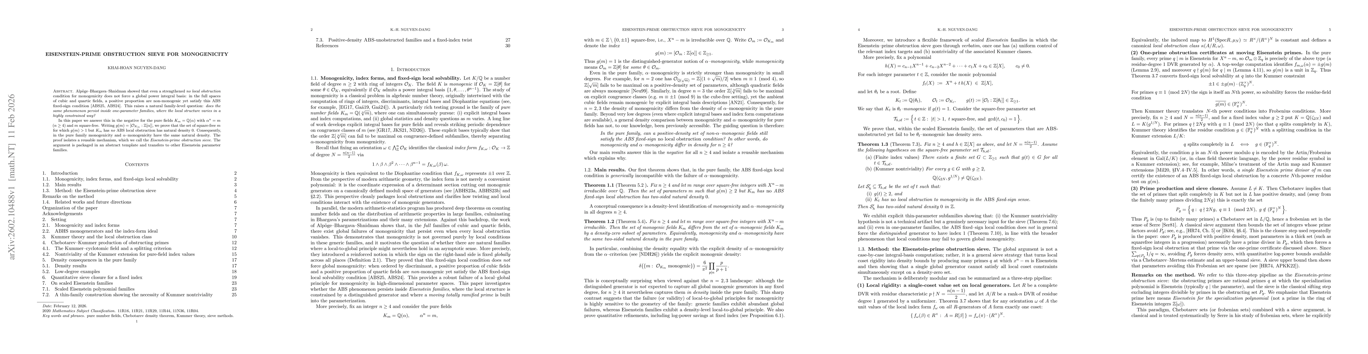 Thumbnail for Eisenstein-prime Obstruction Sieve for Monogenicity