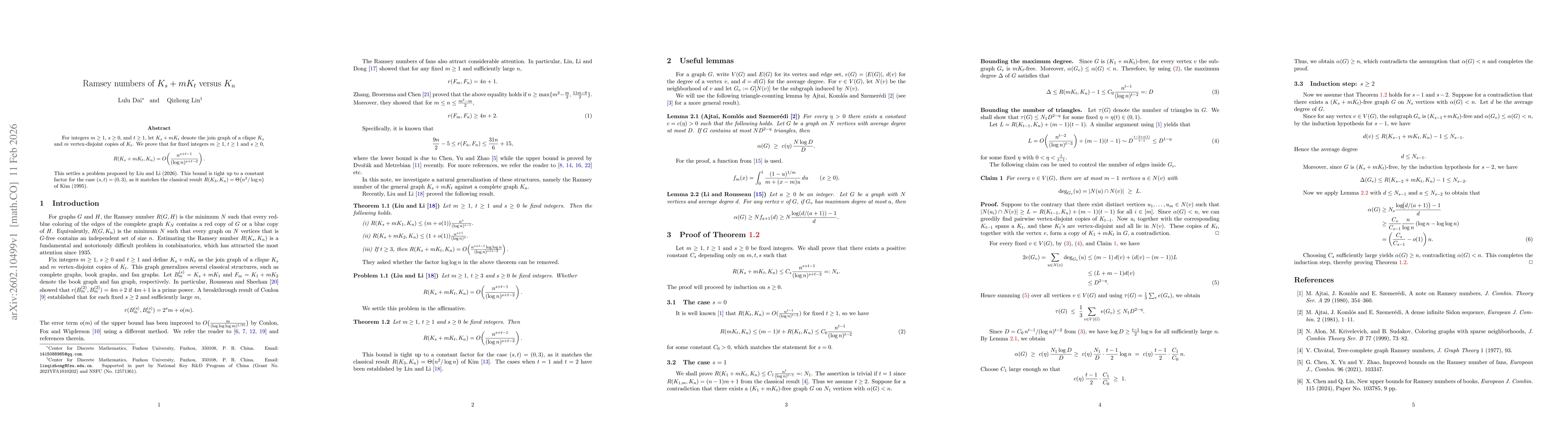 Thumbnail for Ramsey numbers of K_s + mK_t versus K_n