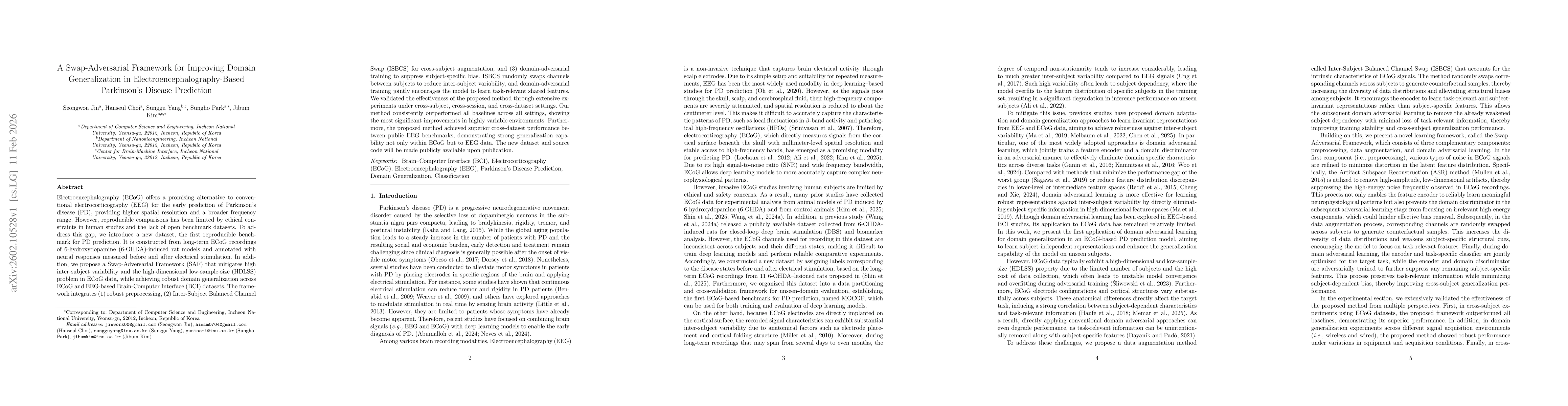 Thumbnail for A Swap-Adversarial Framework for Improving Domain Generalization in Electroencephalography-Based Parkinson's Disease Prediction