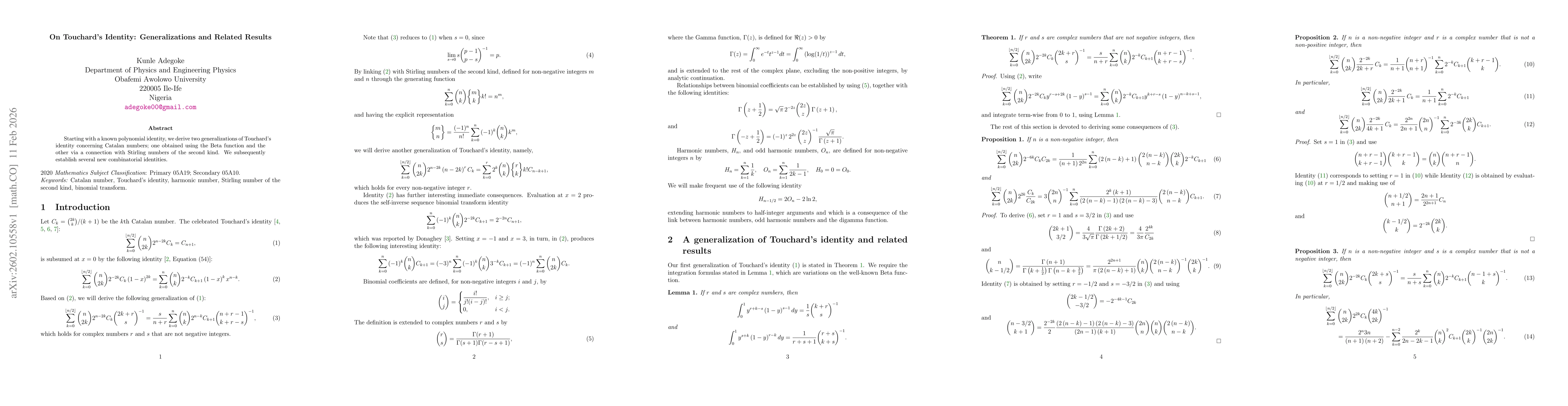 Thumbnail for On Touchard's Identity: Generalizations and Related Results