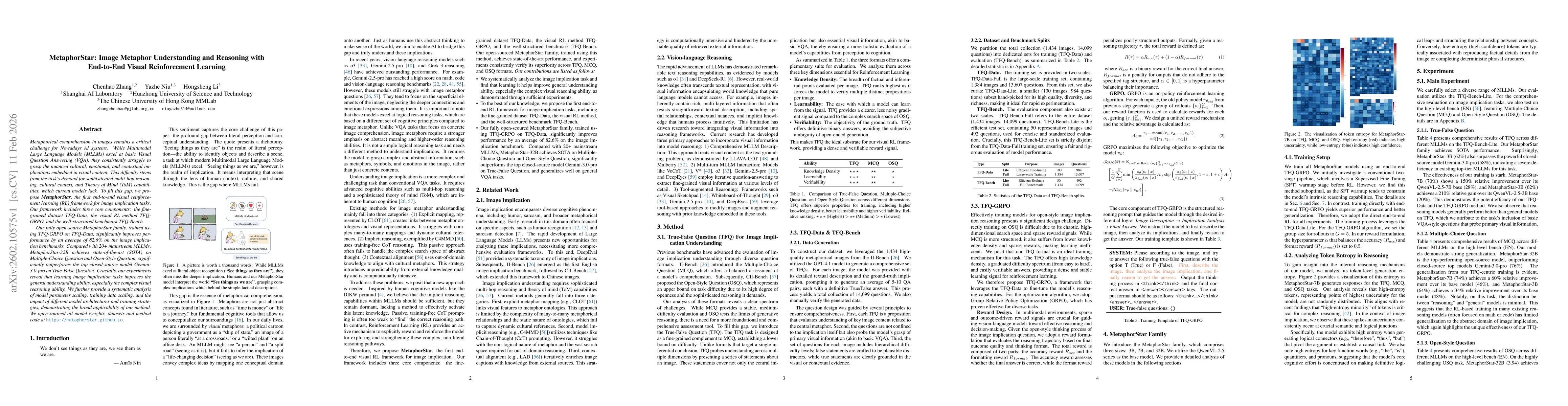 Thumbnail for MetaphorStar: Image Metaphor Understanding and Reasoning with End-to-End Visual Reinforcement Learning