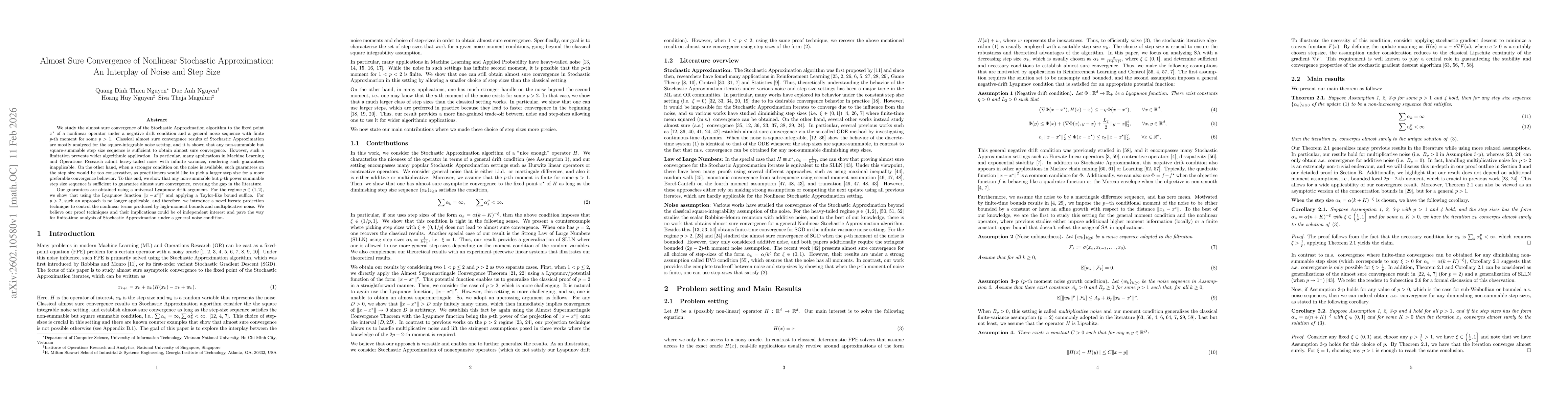 Thumbnail for Almost Sure Convergence of Nonlinear Stochastic Approximation: An Interplay of Noise and Step Size