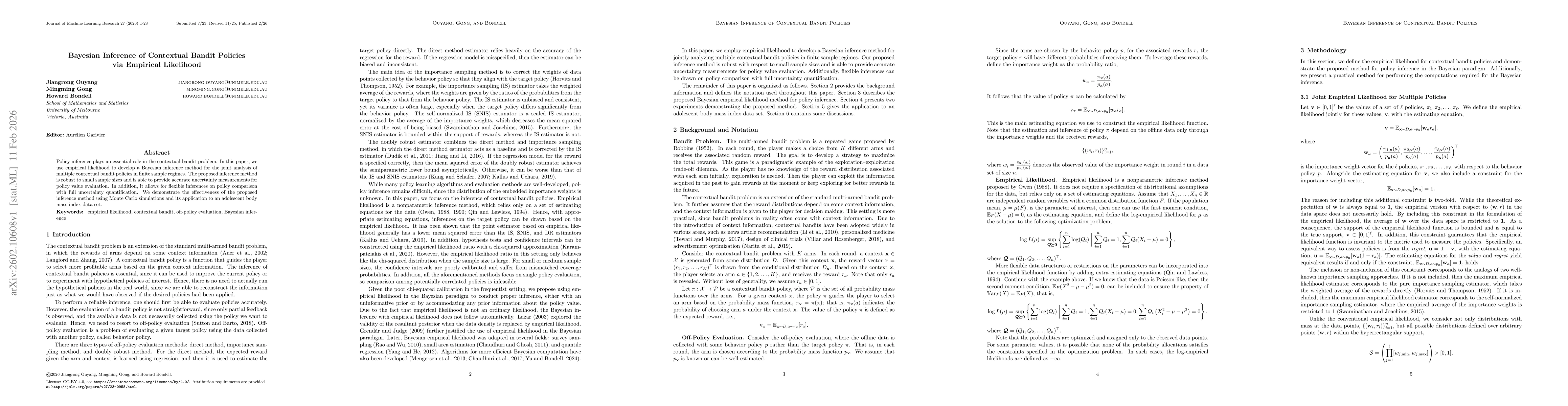 Thumbnail for Bayesian Inference of Contextual Bandit Policies via Empirical Likelihood