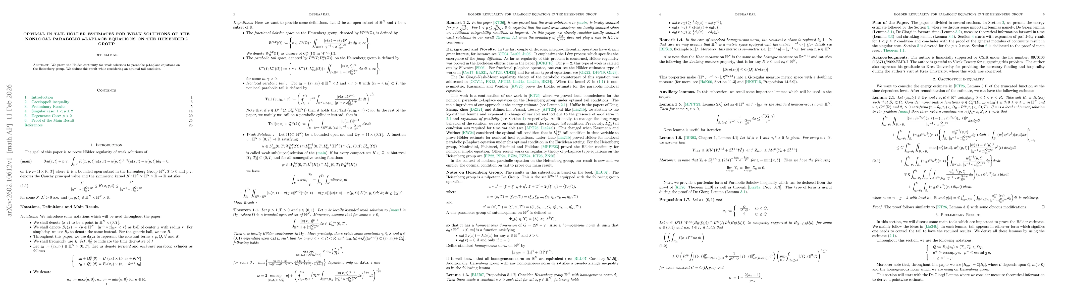 Thumbnail for Optimal in tail Hölder estimates for weak solutions of the nonlocal parabolic p-Laplace equations on the Heisenberg group