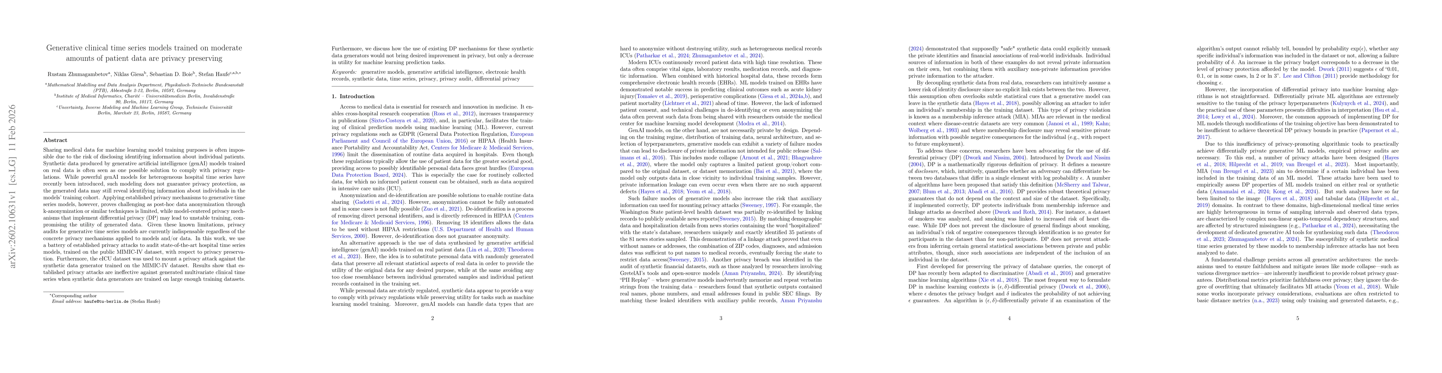 Thumbnail for Generative clinical time series models trained on moderate amounts of patient data are privacy preserving
