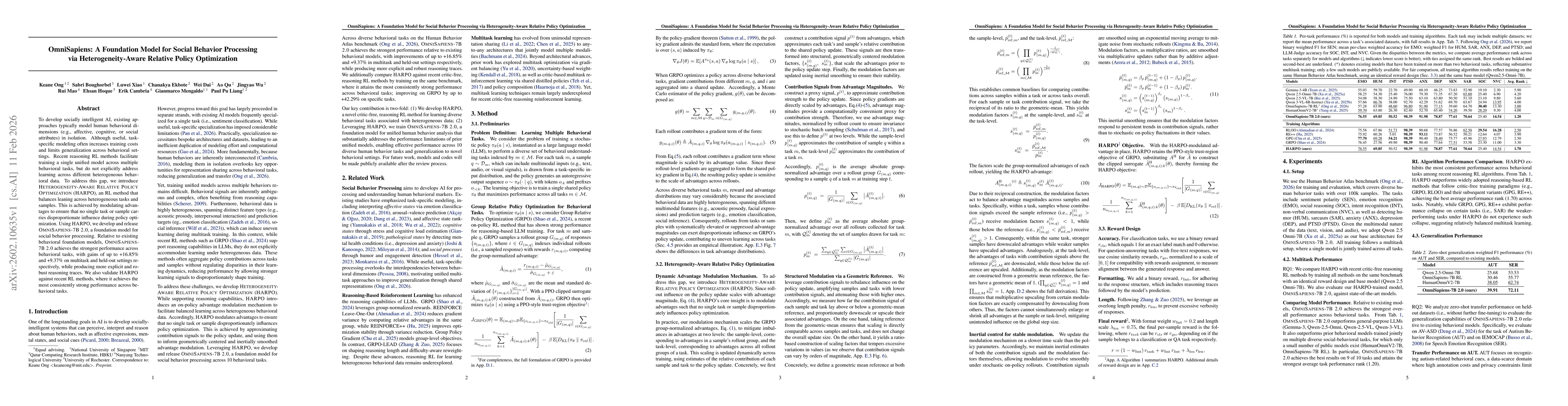 Thumbnail for OmniSapiens: A Foundation Model for Social Behavior Processing via Heterogeneity-Aware Relative Policy Optimization