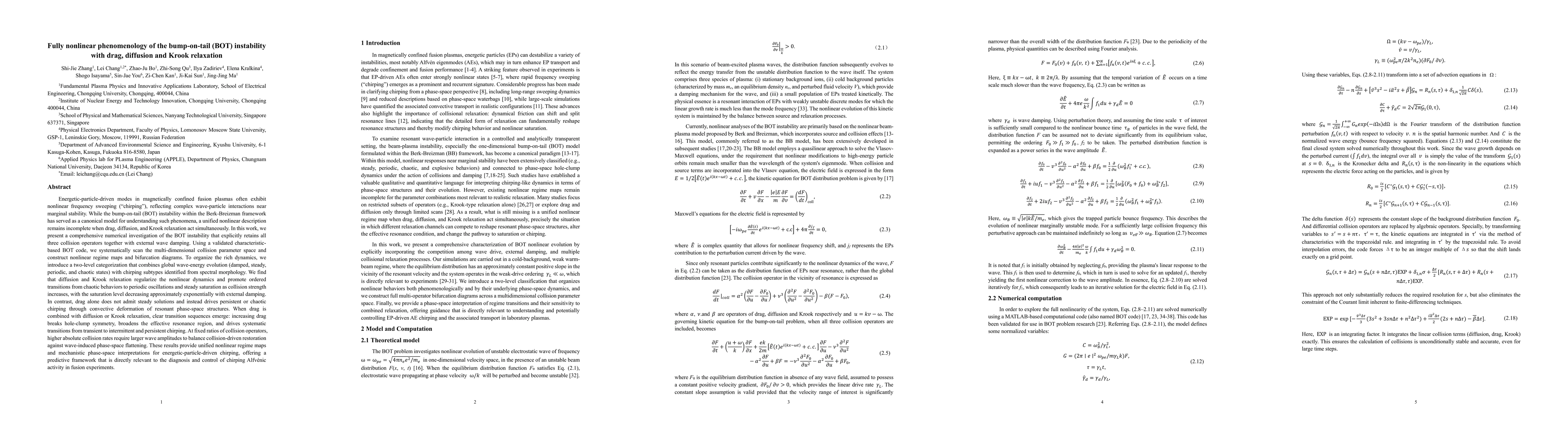 Thumbnail for Fully nonlinear phenomenology of the bump-on-tail (BOT) instability with drag, diffusion and Krook relaxation
