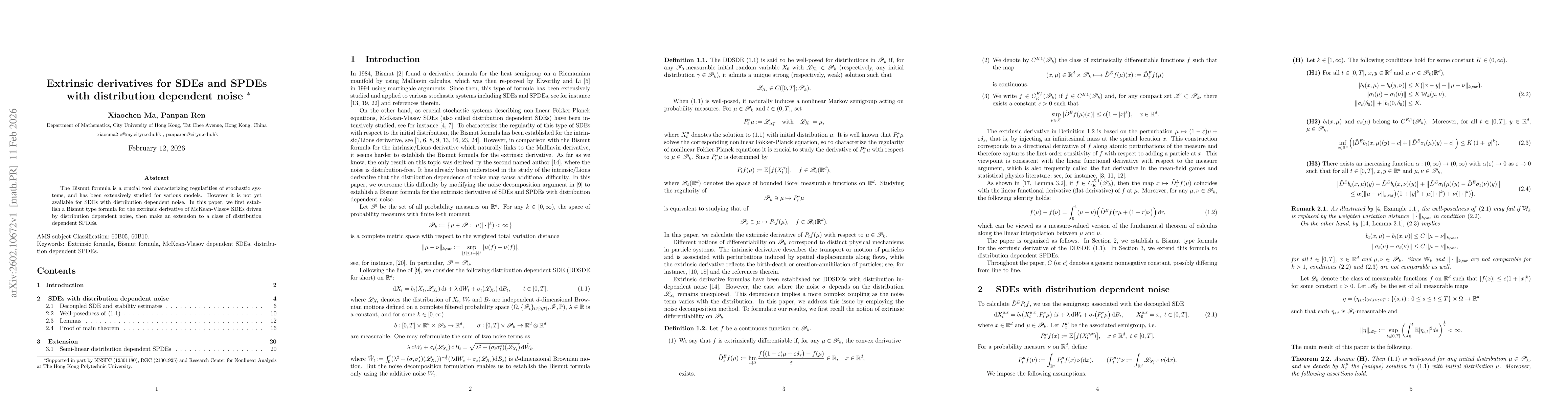 Thumbnail for Extrinsic derivatives for SDEs and SPDEs with distribution dependent noise