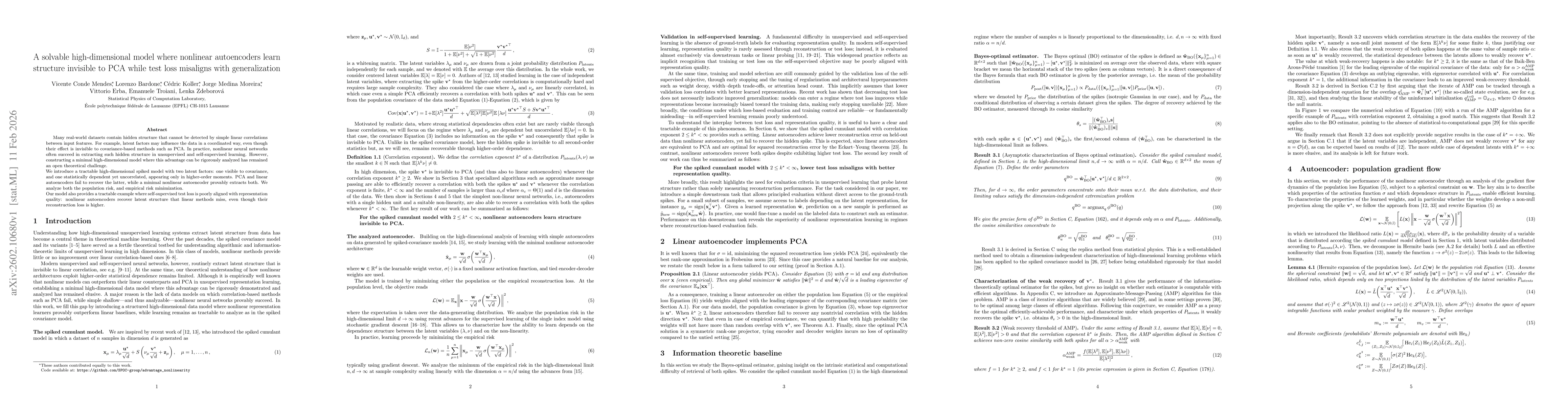 Thumbnail for A solvable high-dimensional model where nonlinear autoencoders learn structure invisible to PCA while test loss misaligns with generalization