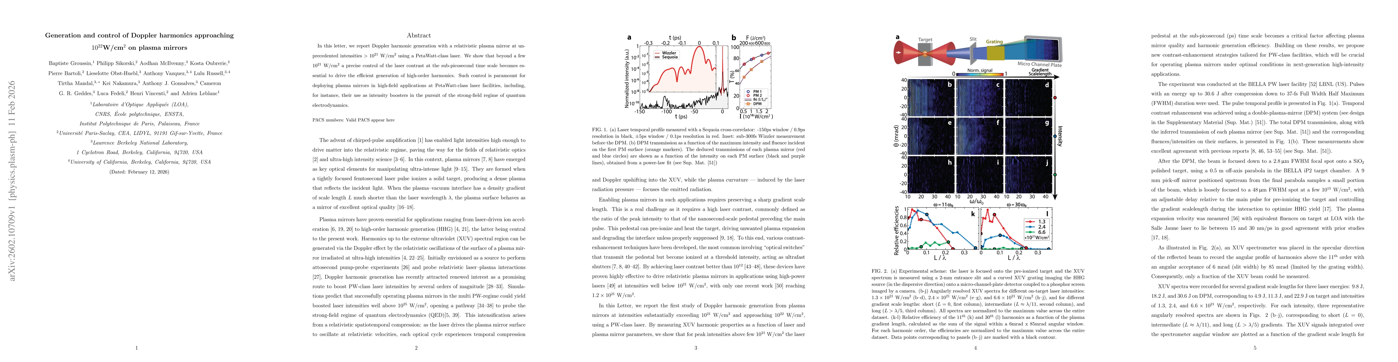 Thumbnail for Generation and control of Doppler harmonics approaching $10^{22}\textrm{W/cm}^2$ on plasma mirrors