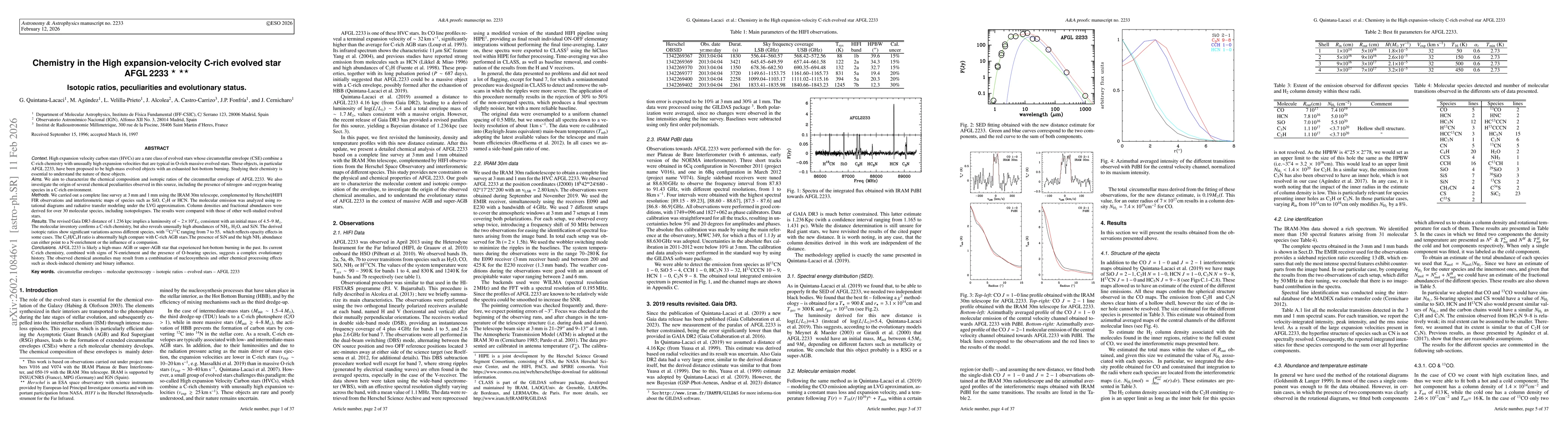 Thumbnail for Chemistry in the High expansion-velocity C-rich evolved star AFGL2233. Isotopic ratios, peculiarities and evolutionary status