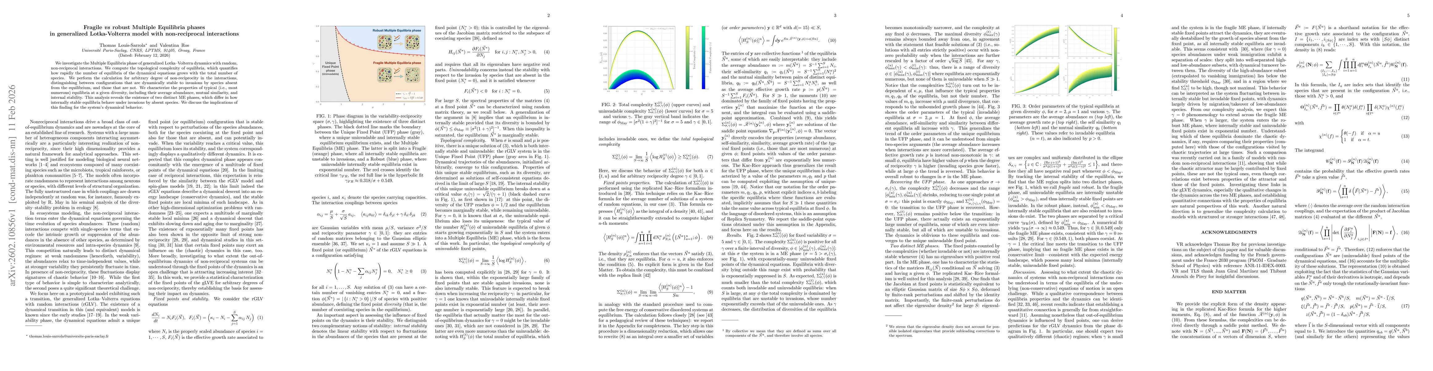 Thumbnail for Fragile $\mathit{vs}$ robust Multiple Equilibria phases in generalized Lotka-Volterra model with non-reciprocal interactions