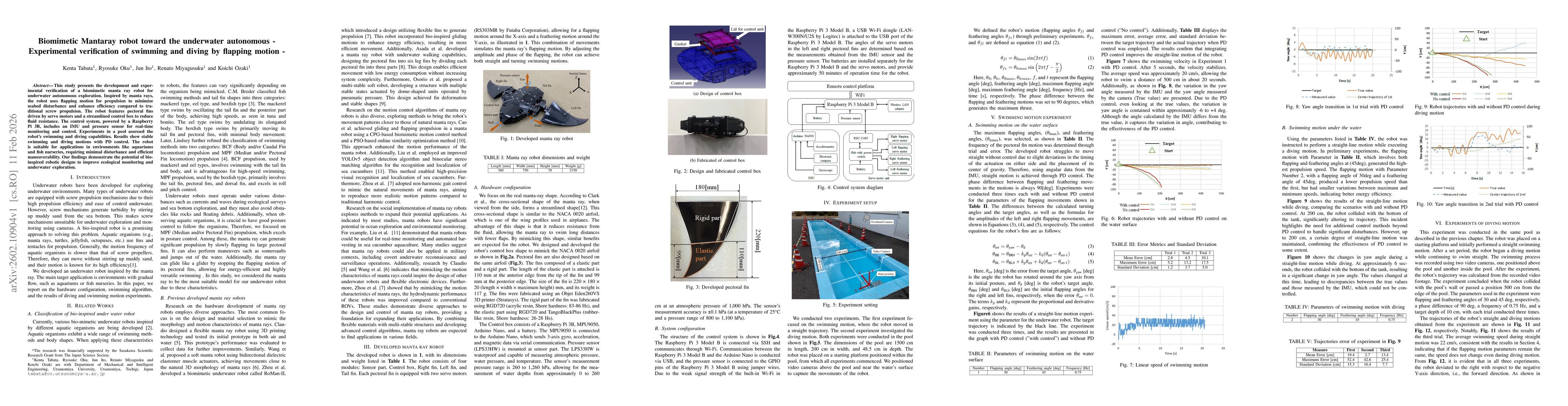 Thumbnail for Biomimetic Mantaray robot toward the underwater autonomous -- Experimental verification of swimming and diving by flapping motion -