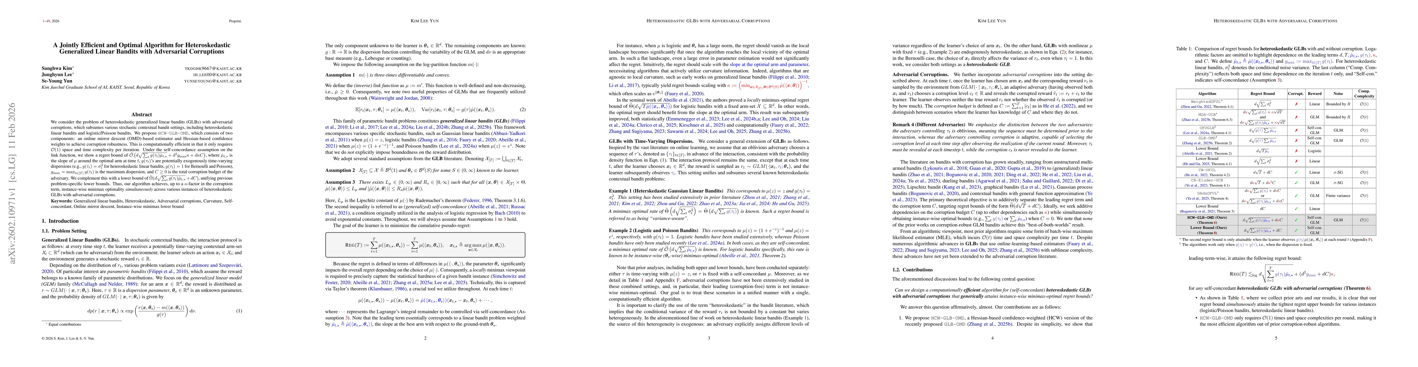 Thumbnail for A Jointly Efficient and Optimal Algorithm for Heteroskedastic Generalized Linear Bandits with Adversarial Corruptions