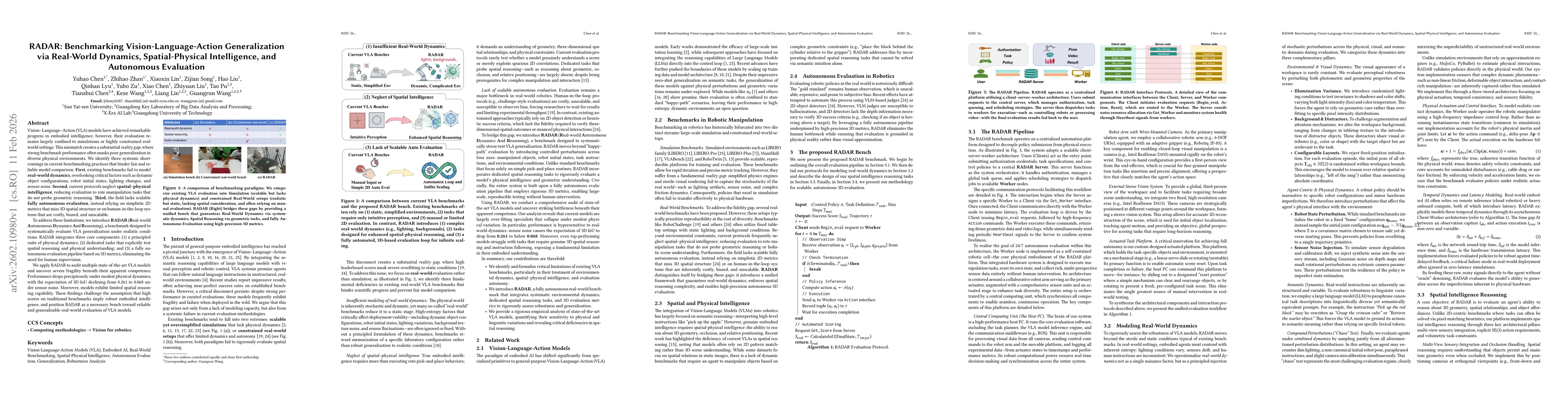 Thumbnail for RADAR: Benchmarking Vision-Language-Action Generalization via Real-World Dynamics, Spatial-Physical Intelligence, and Autonomous Evaluation