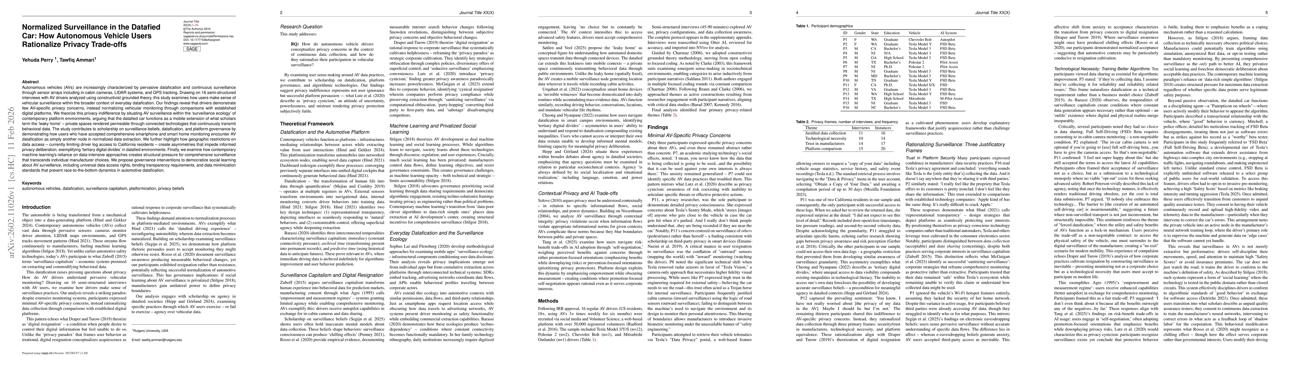 Thumbnail for Normalized Surveillance in the Datafied Car: How Autonomous Vehicle Users Rationalize Privacy Trade-offs