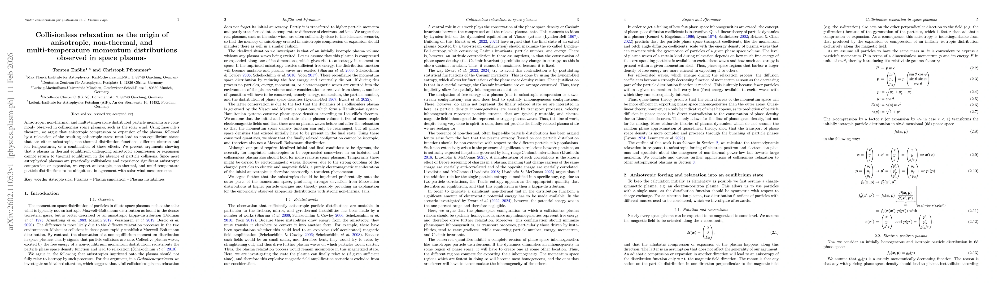 Thumbnail for Collisionless relaxation as the origin of the anisotropic, non-thermal, and multi-temperature momentum distributions observed in space plasmas