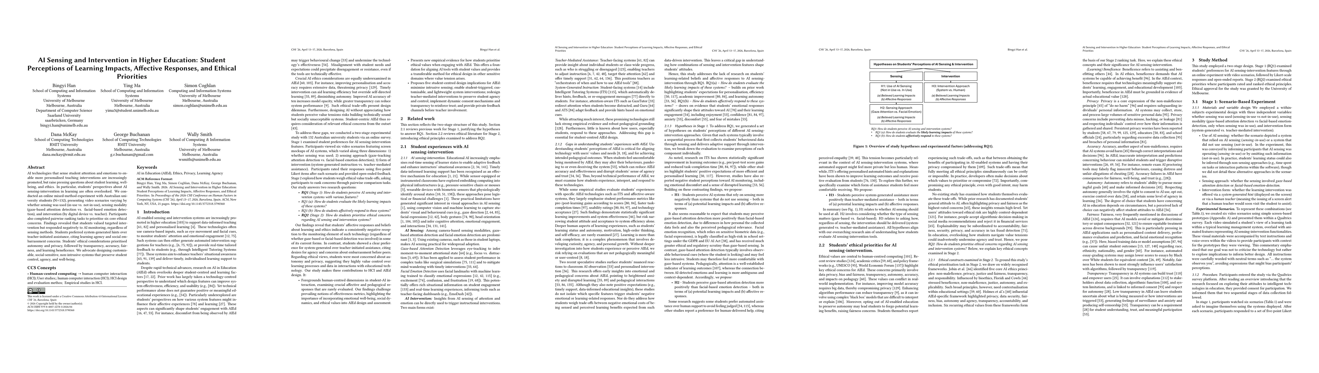 Thumbnail for AI Sensing and Intervention in Higher Education: Student Perceptions of Learning Impacts, Affective Responses, and Ethical Priorities