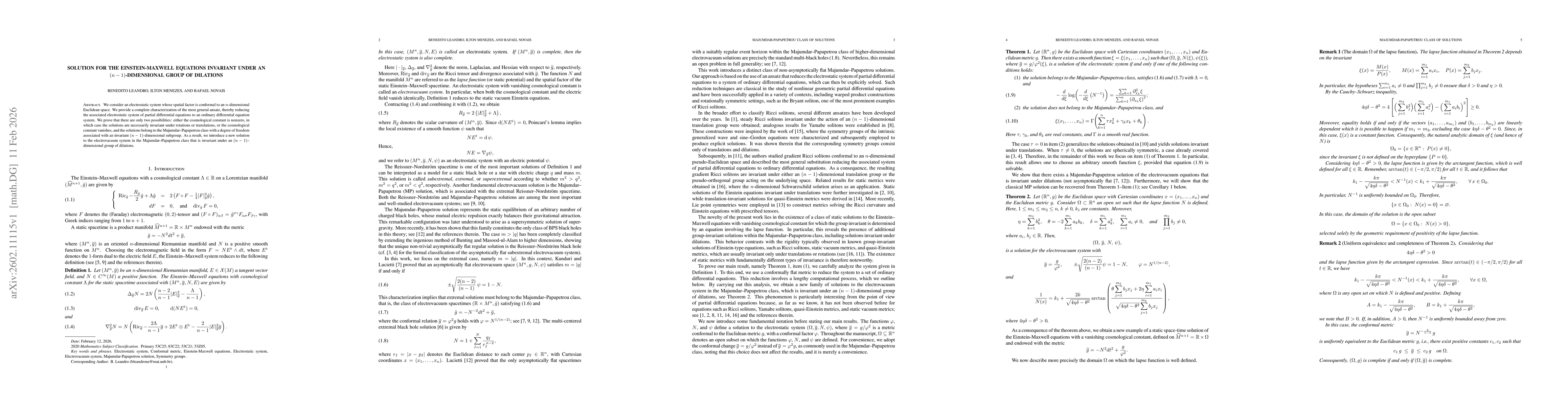Thumbnail for Solution for the Einstein-Maxwell equations invariant under an $(n - 1)$-dimensional group of dilations