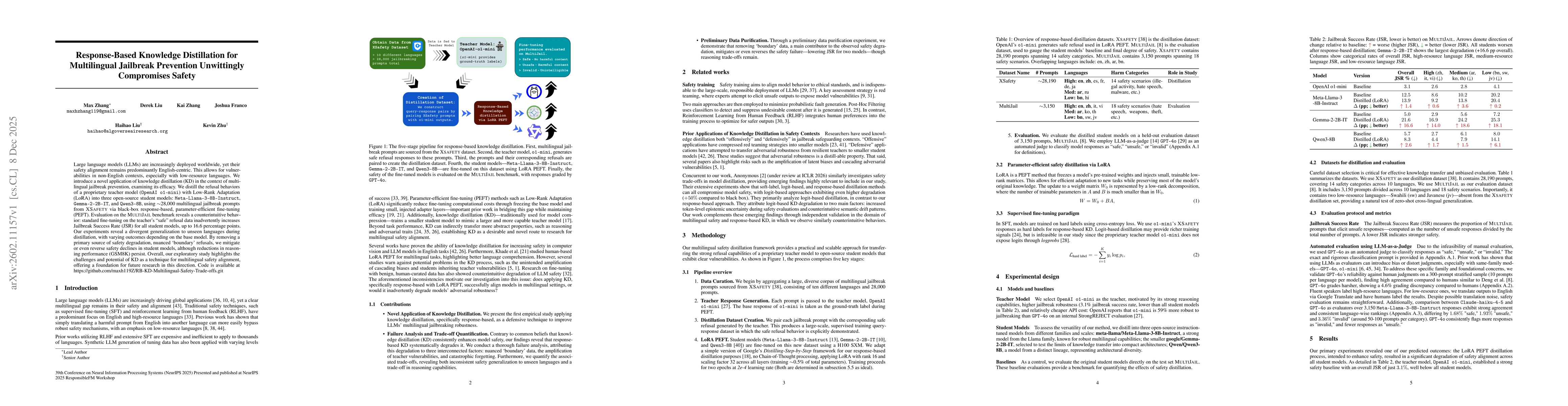 Thumbnail for Response-Based Knowledge Distillation for Multilingual Jailbreak Prevention Unwittingly Compromises Safety