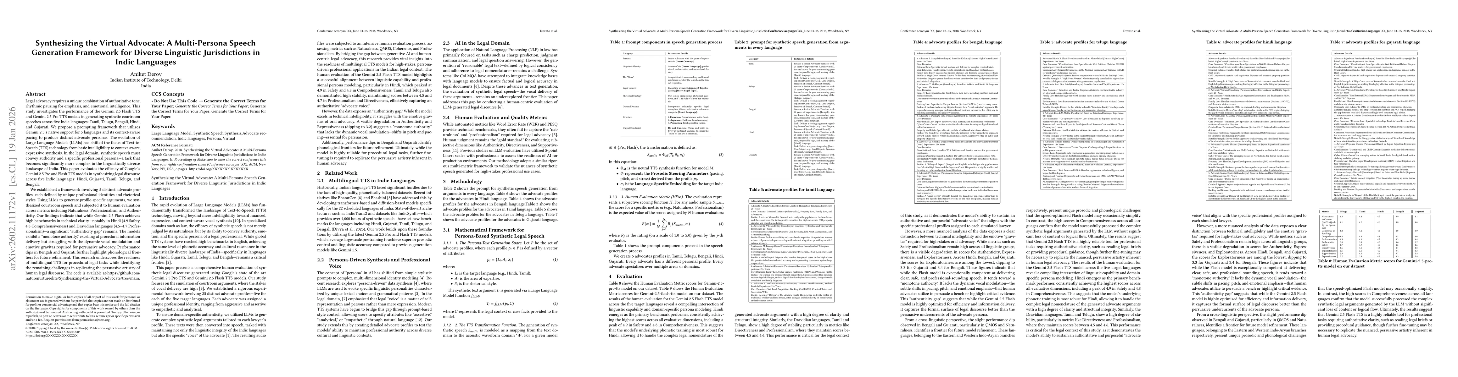 Thumbnail for Synthesizing the Virtual Advocate: A Multi-Persona Speech Generation Framework for Diverse Linguistic Jurisdictions in Indic Languages