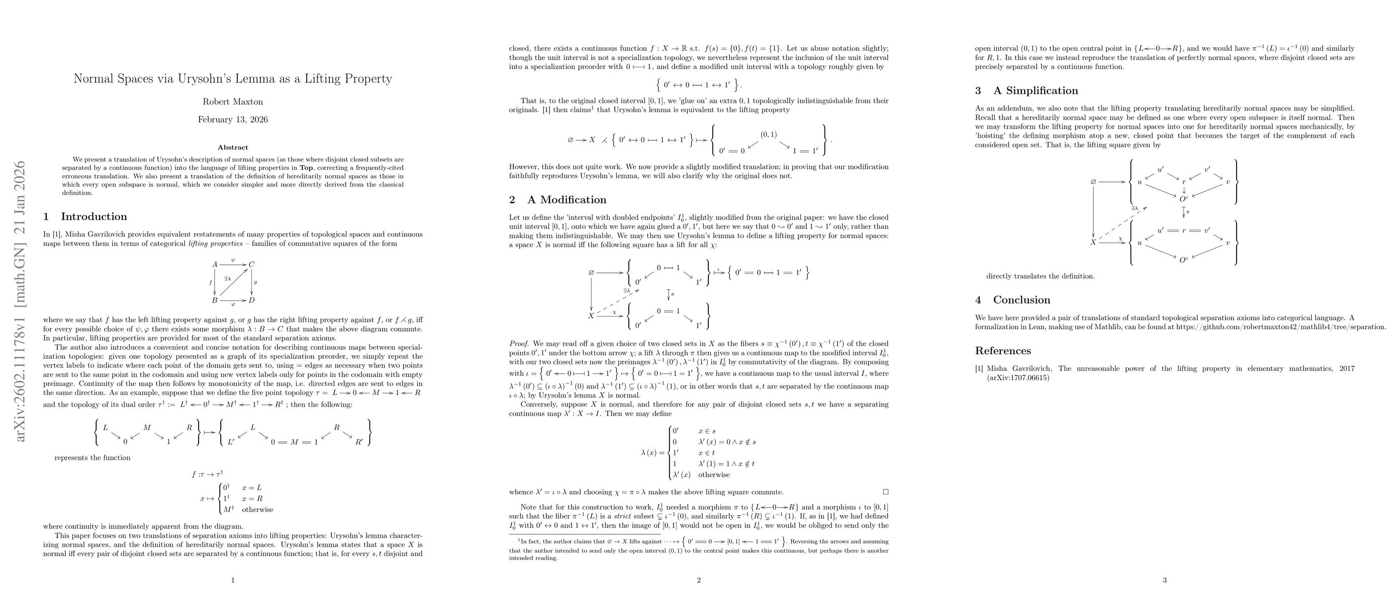 Thumbnail for Normal Spaces via Urysohn's Lemma as a Lifting Property