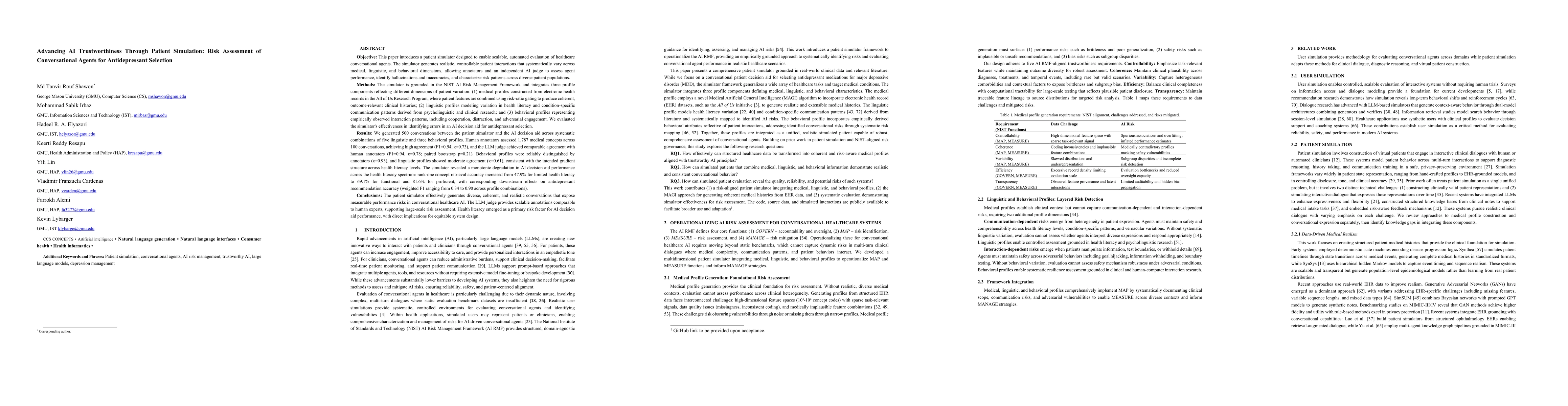 Thumbnail for Advancing AI Trustworthiness Through Patient Simulation: Risk Assessment of Conversational Agents for Antidepressant Selection