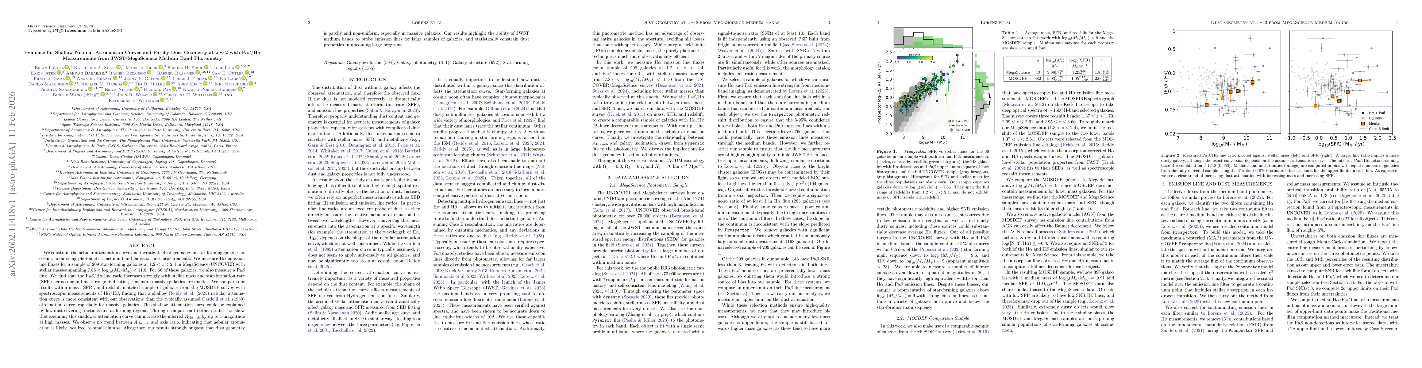 Thumbnail for Evidence for Shallow Nebular Attenuation Curves and Patchy Dust Geometry at z~2 with Pa-beta/H-alpha Measurements from JWST-MegaScience Medium Band Photometry