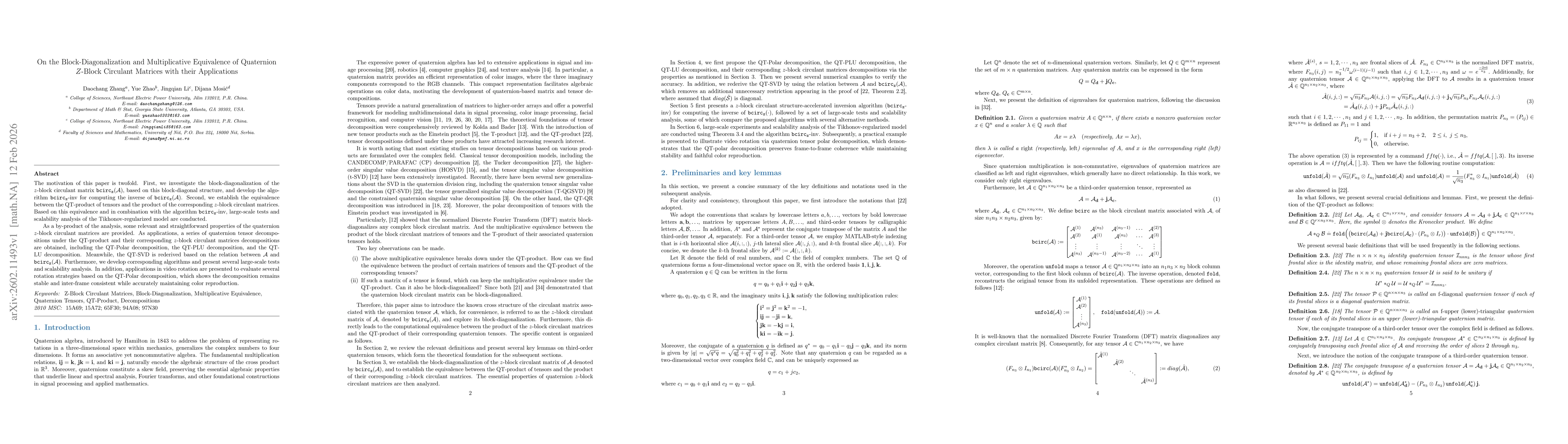 Thumbnail for On the Block-Diagonalization and Multiplicative Equivalence of Quaternion $Z$-Block Circulant Matrices with their Applications