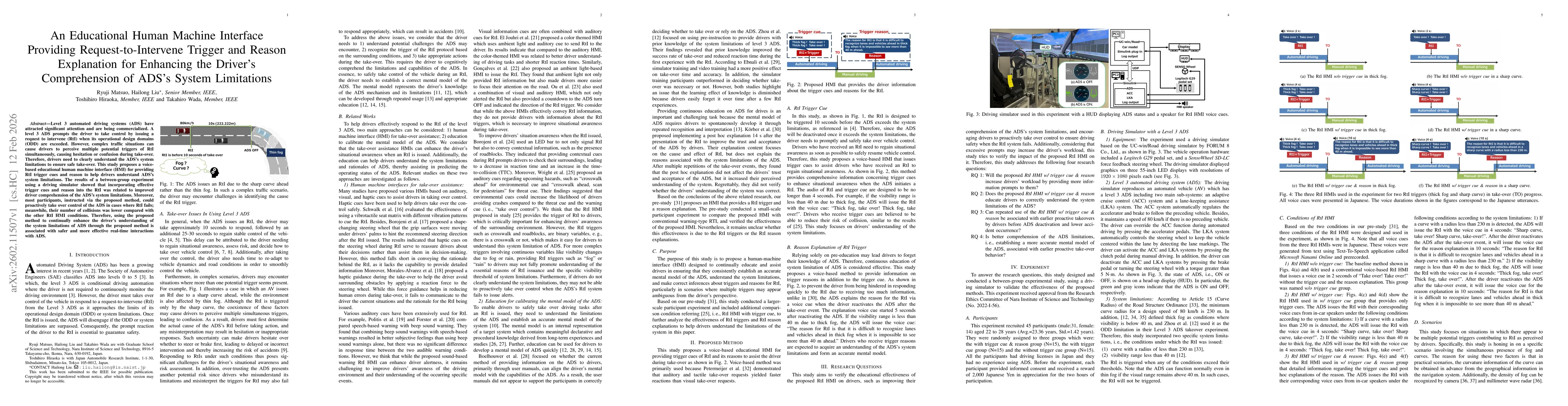 Thumbnail for An Educational Human Machine Interface Providing Request-to-Intervene Trigger and Reason Explanation for Enhancing the Driver's Comprehension of ADS's System Limitations
