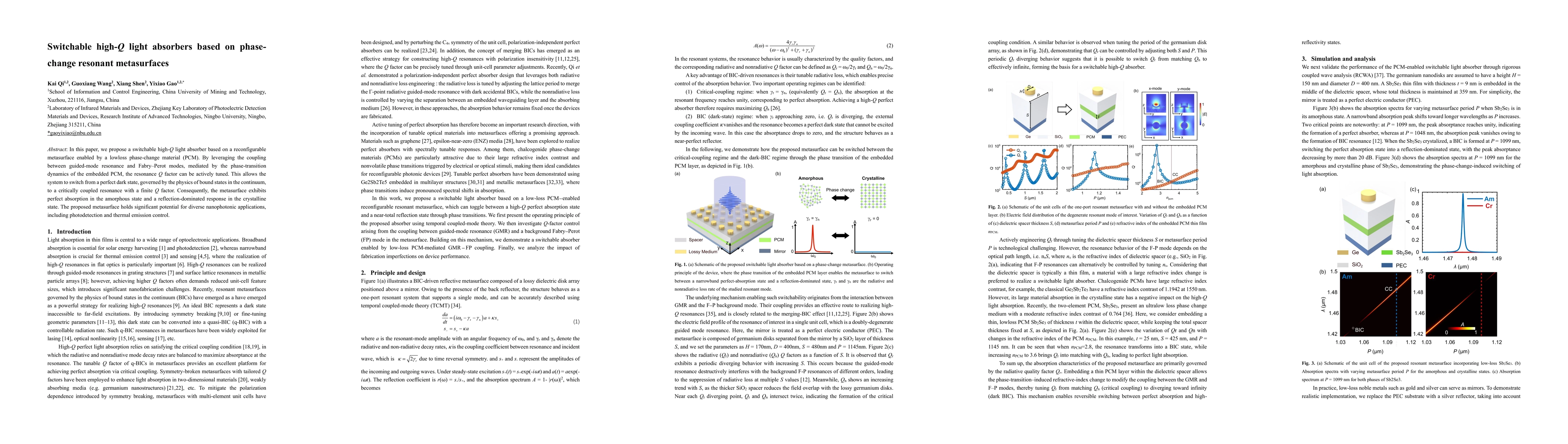 Thumbnail for Switchable high-Q light absorbers based on phase-change resonant metasurfaces