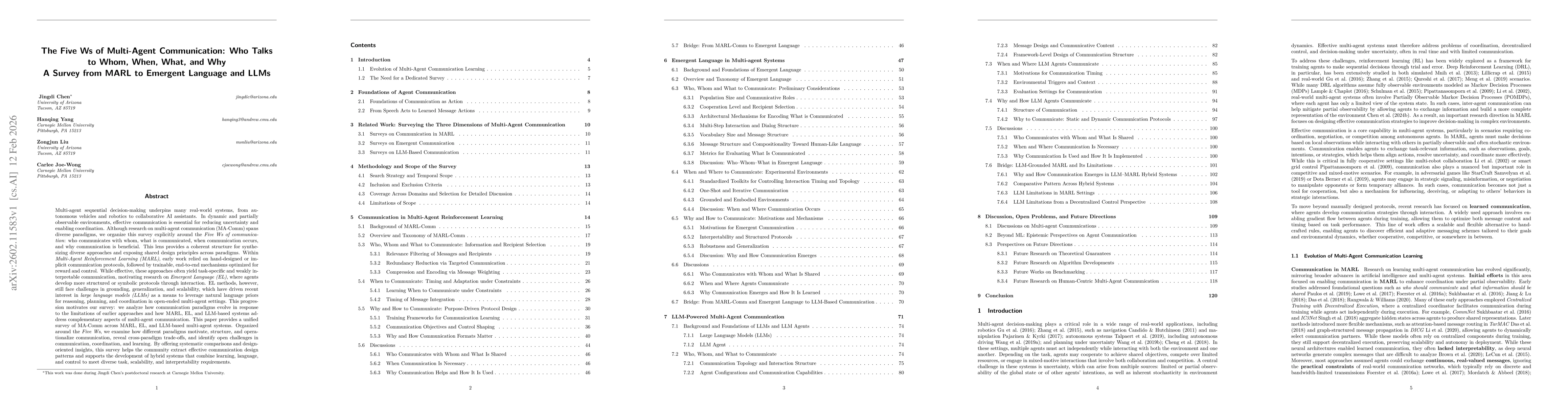 Thumbnail for The Five Ws of Multi-Agent Communication: Who Talks to Whom, When, What, and Why -- A Survey from MARL to Emergent Language and LLMs
