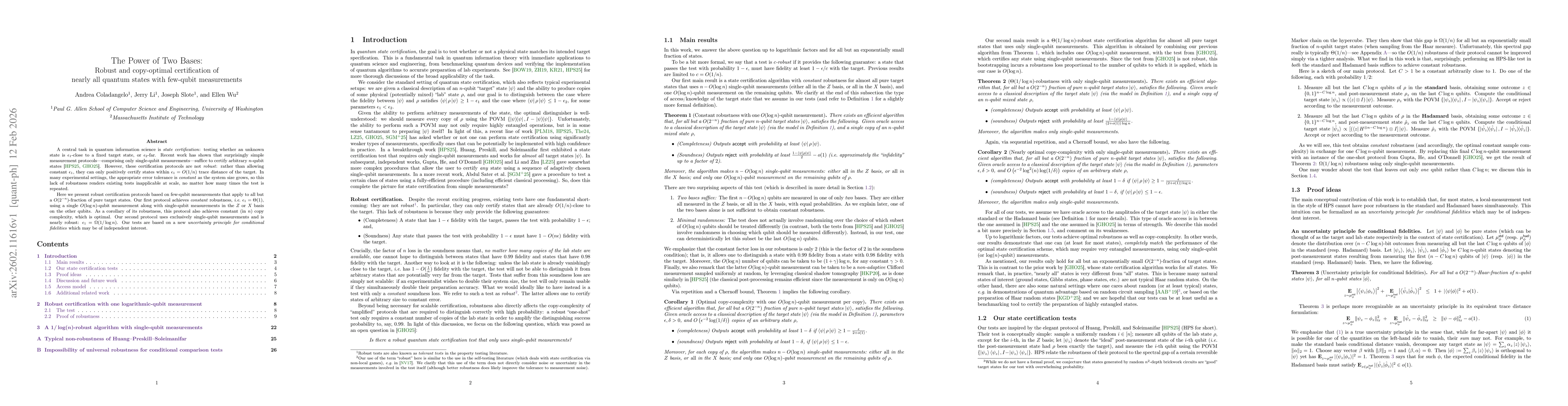 Thumbnail for The Power of Two Bases: Robust and copy-optimal certification of nearly all quantum states with few-qubit measurements