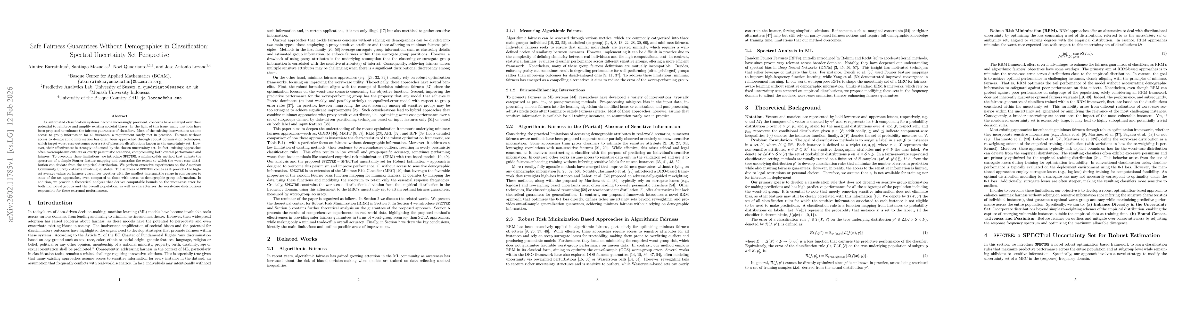 Thumbnail for Safe Fairness Guarantees Without Demographics in Classification: Spectral Uncertainty Set Perspective