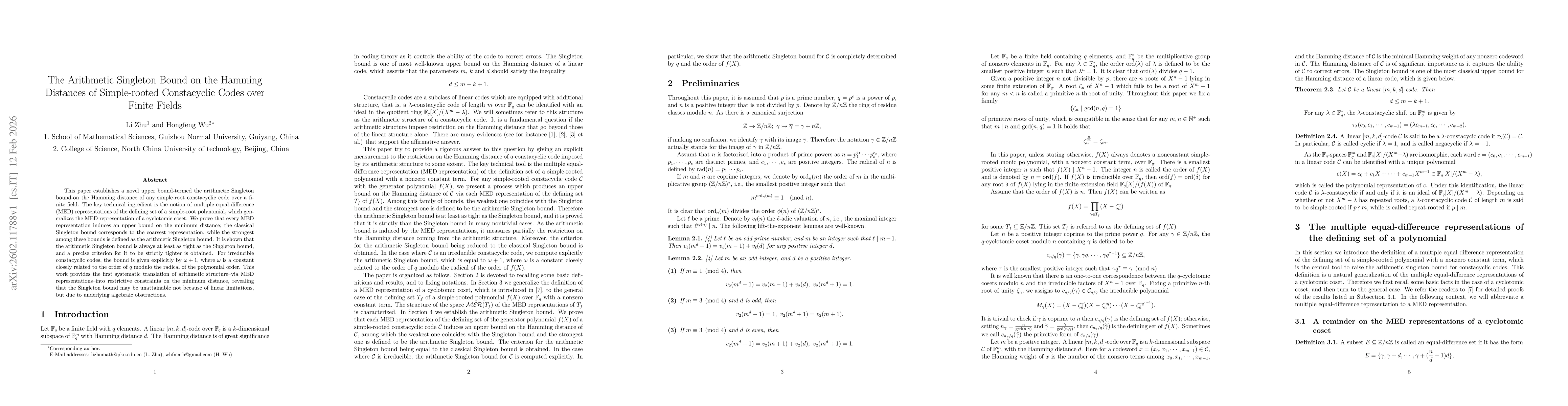 Thumbnail for The Arithmetic Singleton Bound on the Hamming Distances of Simple-rooted Constacyclic Codes over Finite Fields