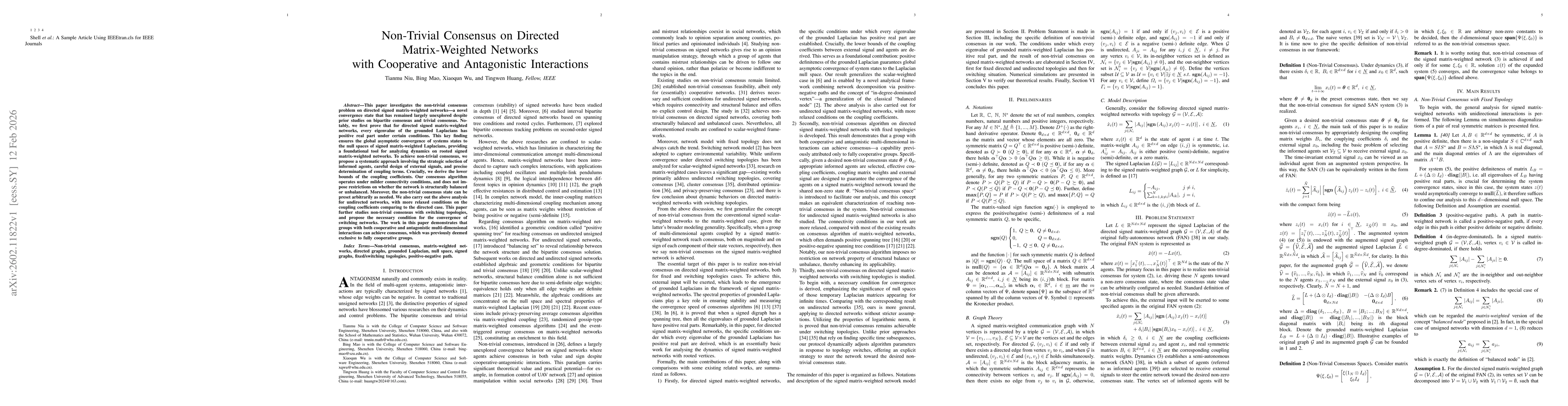 Thumbnail for Non-Trivial Consensus on Directed Matrix-Weighted Networks with Cooperative and Antagonistic Interactions