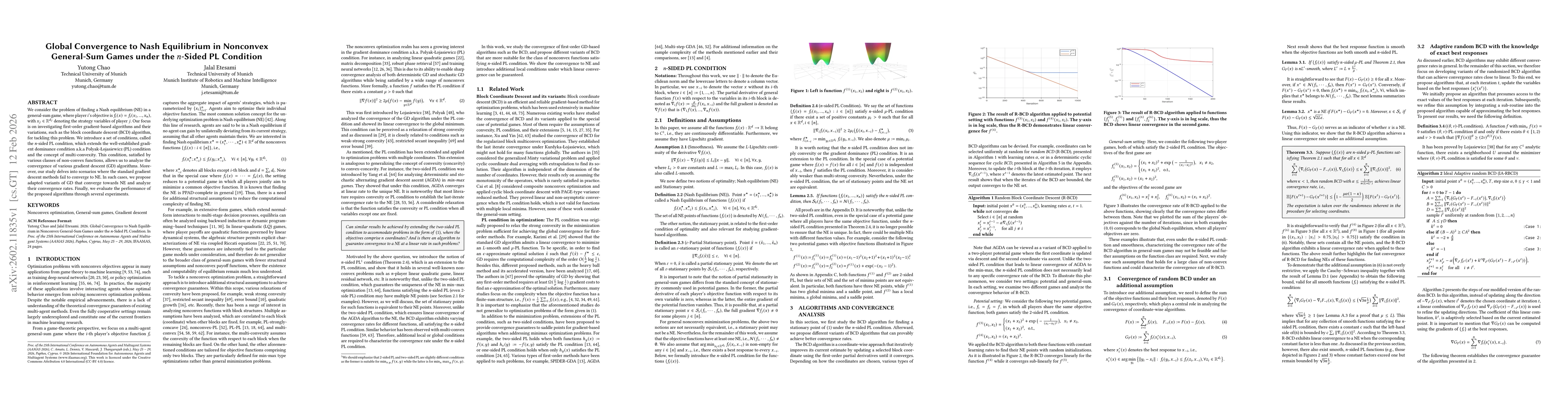 Thumbnail for Global Convergence to Nash Equilibrium in Nonconvex General-Sum Games under the $n$-Sided PL Condition