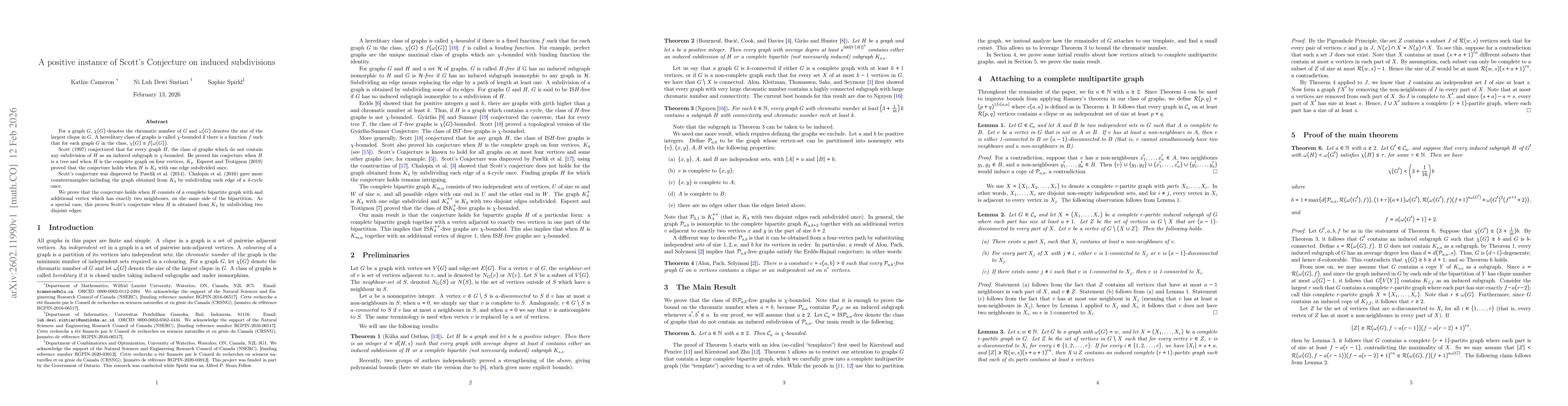 Thumbnail for A positive instance of Scott's Conjecture on induced subdivisions
