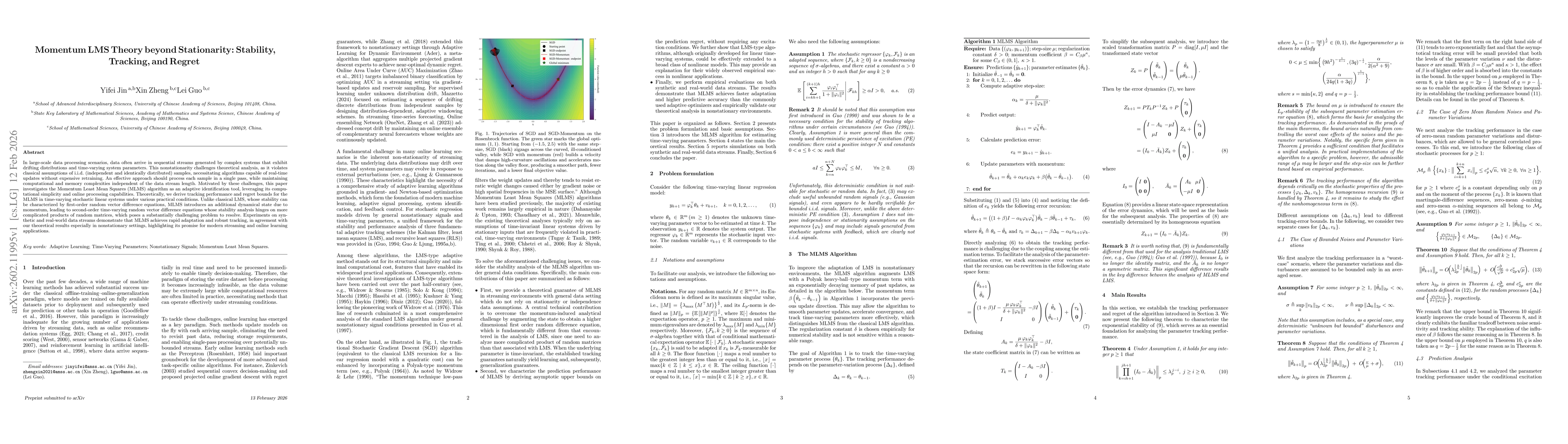 Thumbnail for Momentum LMS Theory beyond Stationarity: Stability, Tracking, and Regret