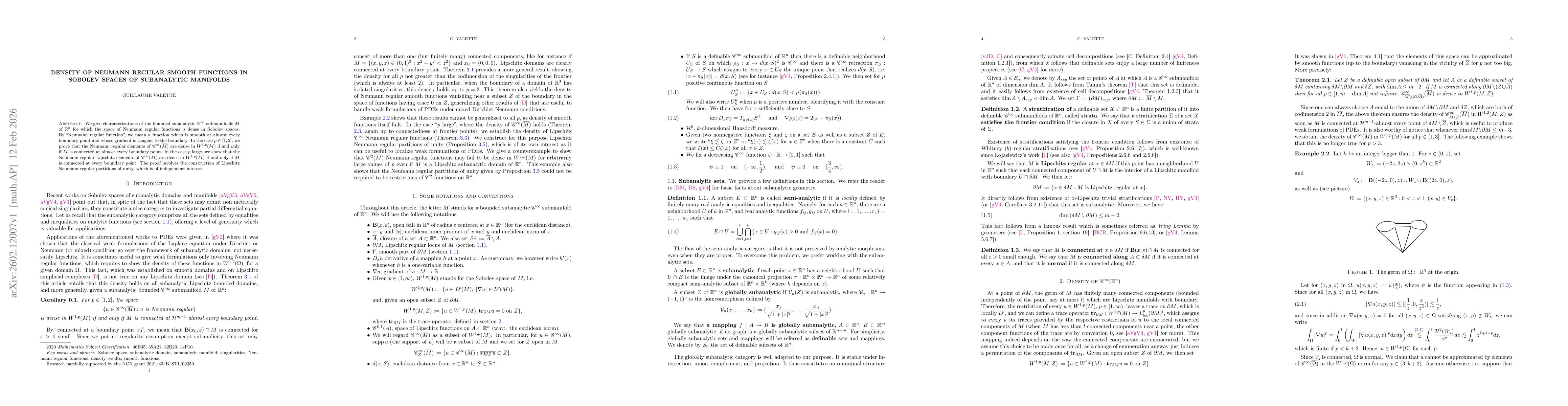 Thumbnail for Density of Neumann regular smooth functions in Sobolev spaces of subanalytic manifolds