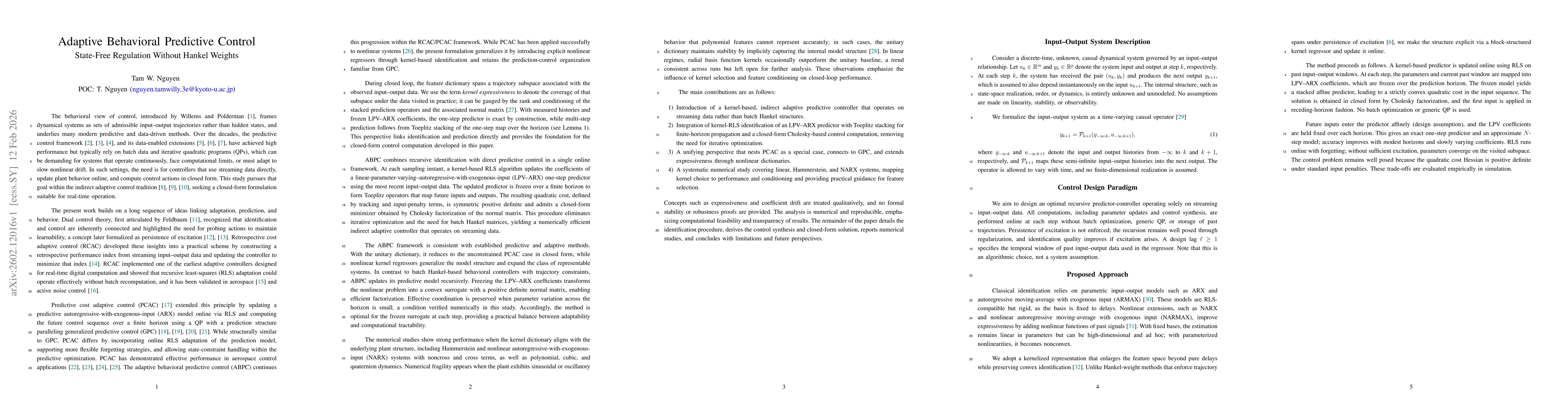 Thumbnail for Adaptive Behavioral Predictive Control: State-Free Regulation Without Hankel Weights