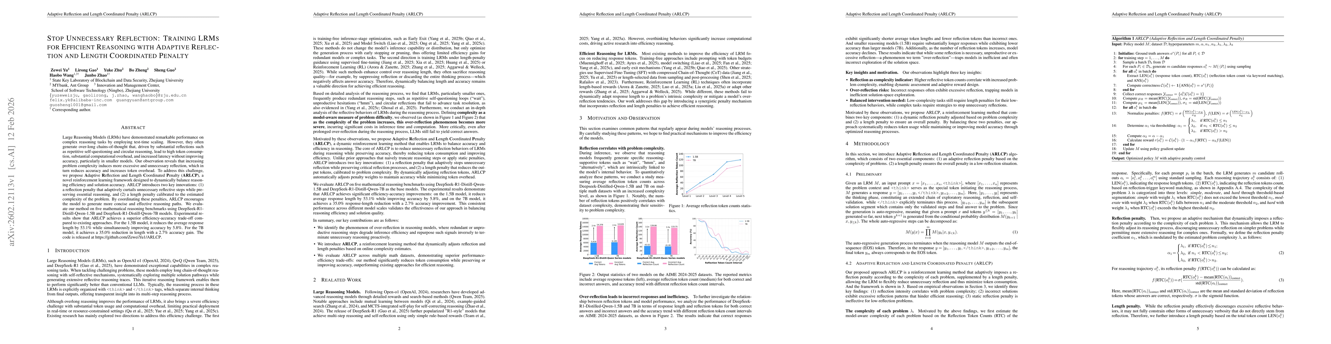 Thumbnail for Stop Unnecessary Reflection: Training LRMs for Efficient Reasoning with Adaptive Reflection and Length Coordinated Penalty
