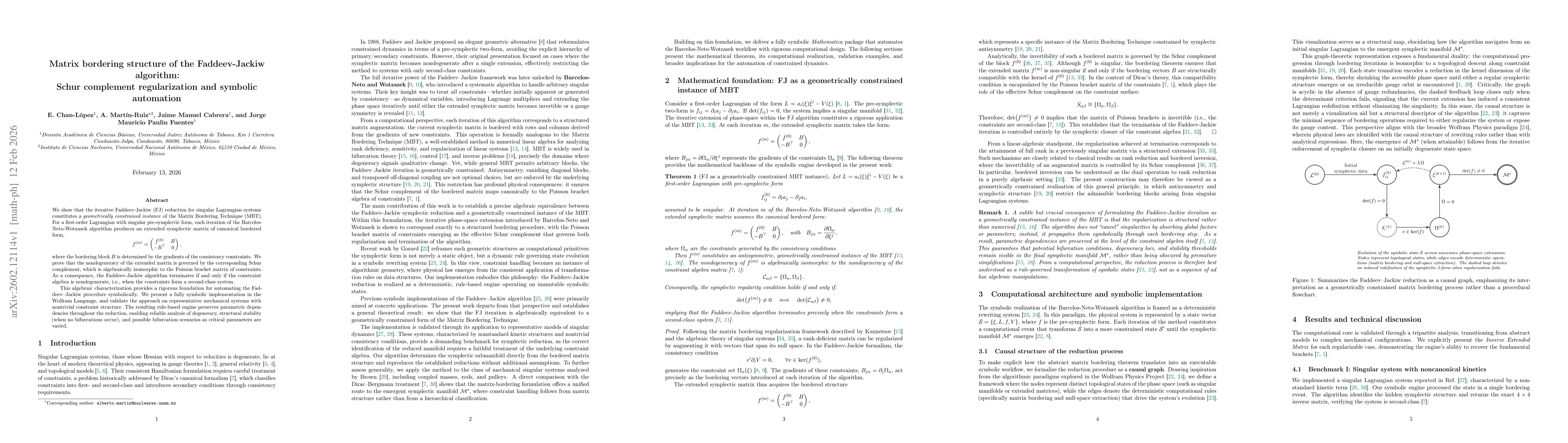 Thumbnail for Matrix bordering structure of the Faddeev-Jackiw algorithm: Schur complement regularization and symbolic automation