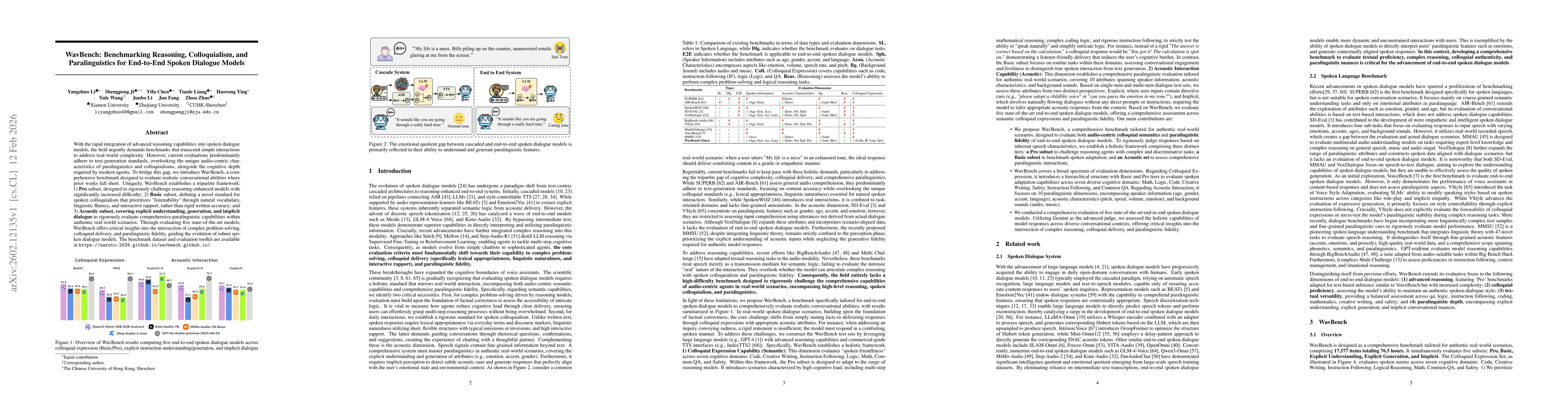 Thumbnail for WavBench: Benchmarking Reasoning, Colloquialism, and Paralinguistics for End-to-End Spoken Dialogue Models
