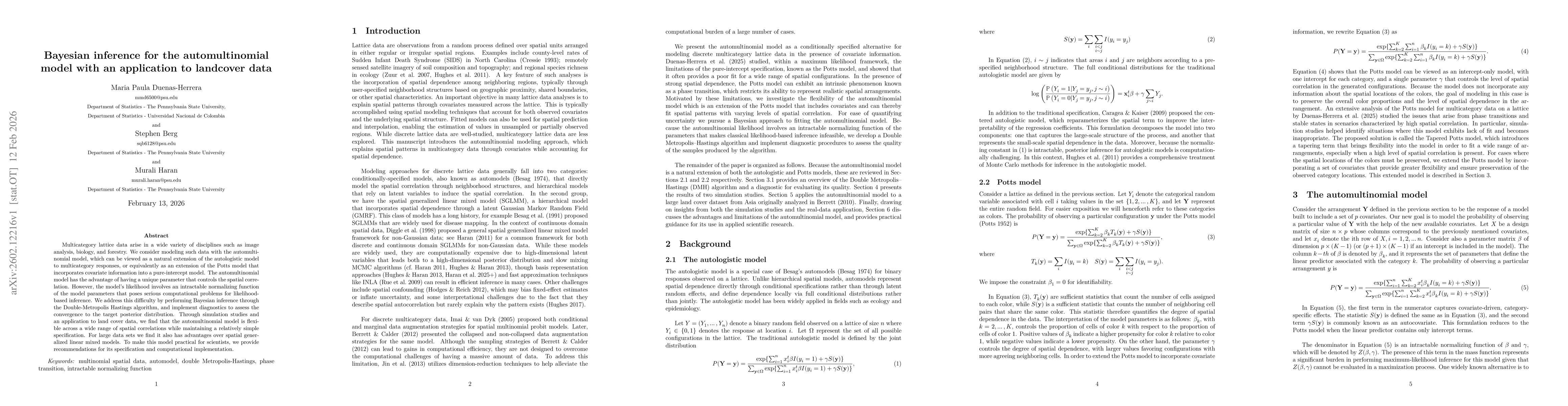 Thumbnail for Bayesian inference for the automultinomial model with an application to landcover data