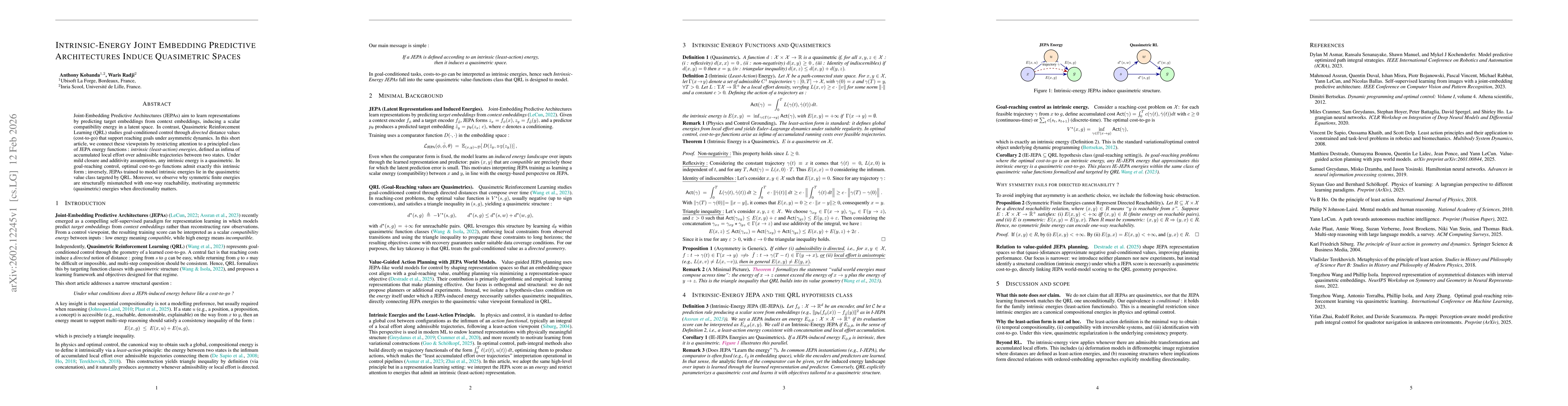 Thumbnail for Intrinsic-Energy Joint Embedding Predictive Architectures Induce Quasimetric Spaces
